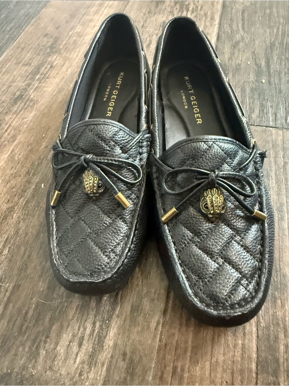 Kurt Geiger Quilted Black Leather Bow-Trim Moccasin Loafers